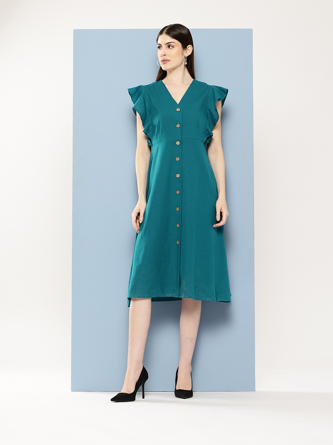 

Chemistry Flutter Sleeve Shirt Style Dress, Teal