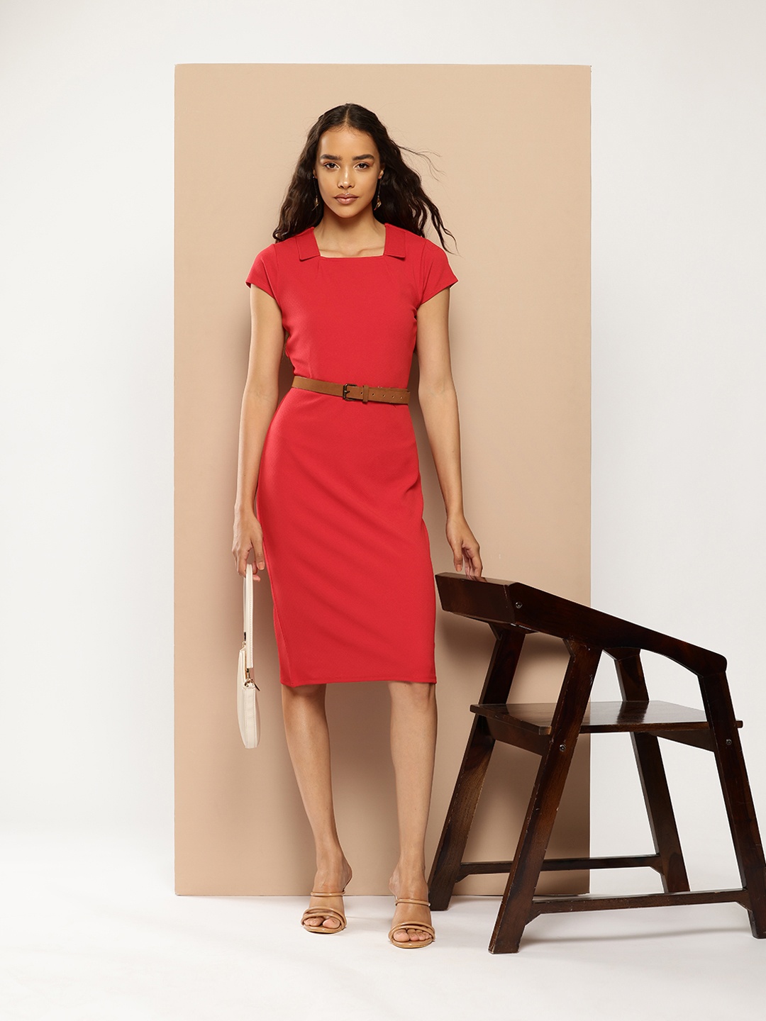 

Chemistry Square Shirt Collar Sheath Dress, Red