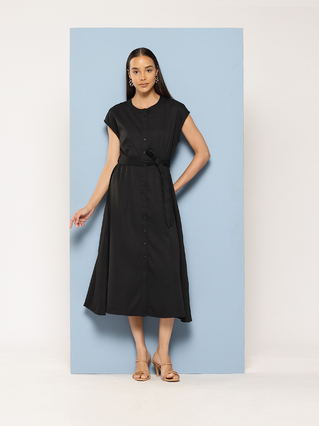 

Chemistry Button-Down Belted A-Line Midi Dress, Black