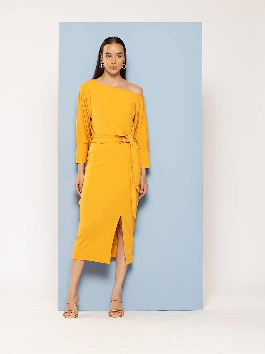 

Chemistry Off-Shoulder Sheath Midi Dress, Mustard