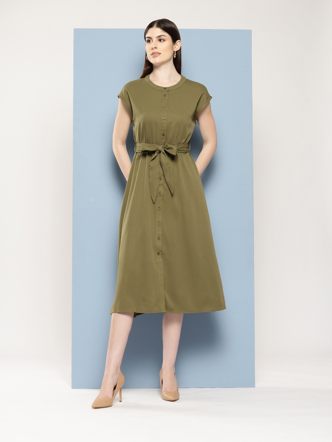 

Chemistry A-Line Midi Dress with Belt, Olive