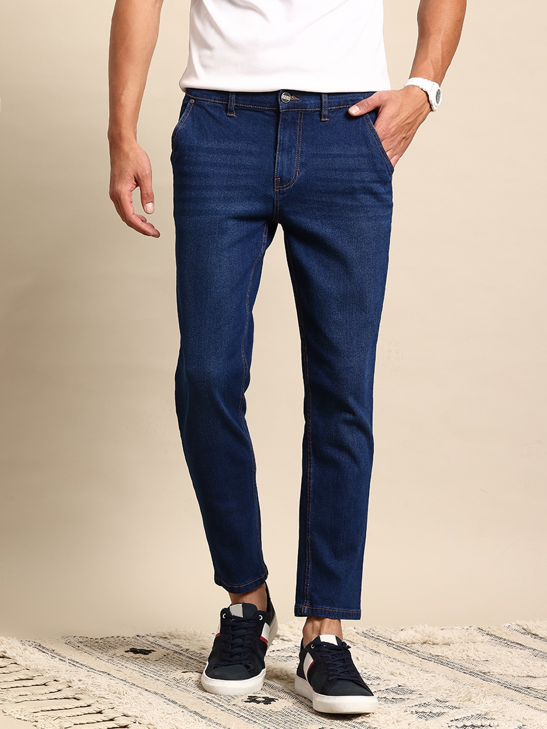 

Mast & Harbour Men Tapered Fit Stretchable Cropped Jeans, Blue