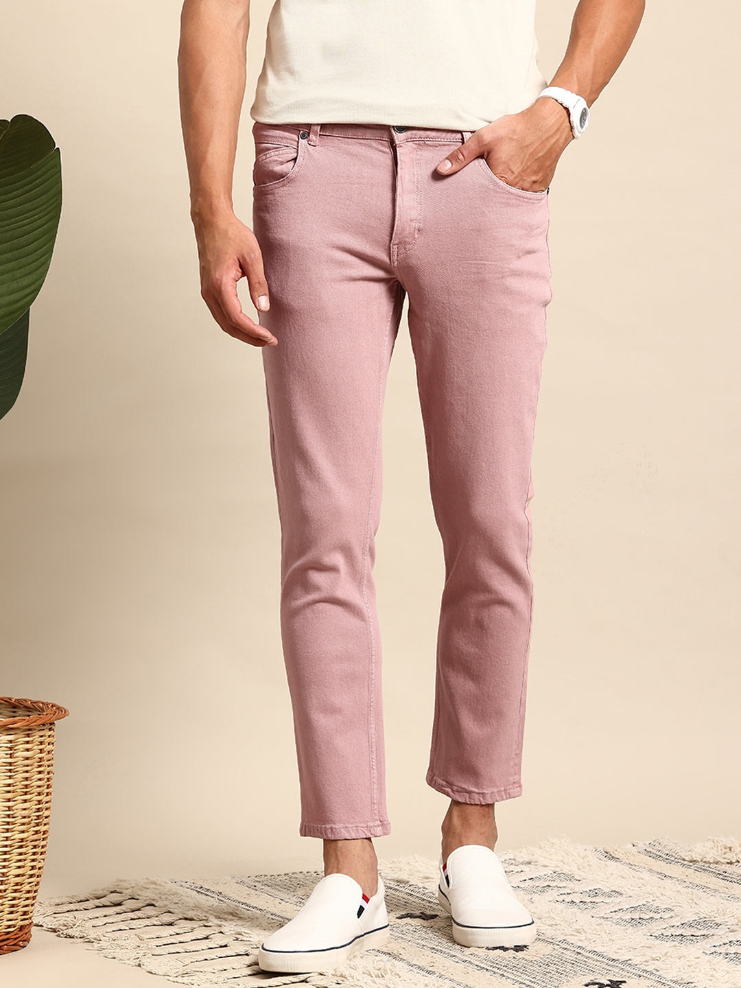 

Mast & Harbour Men Slim Fit Stretchable Cropped Jeans, Pink