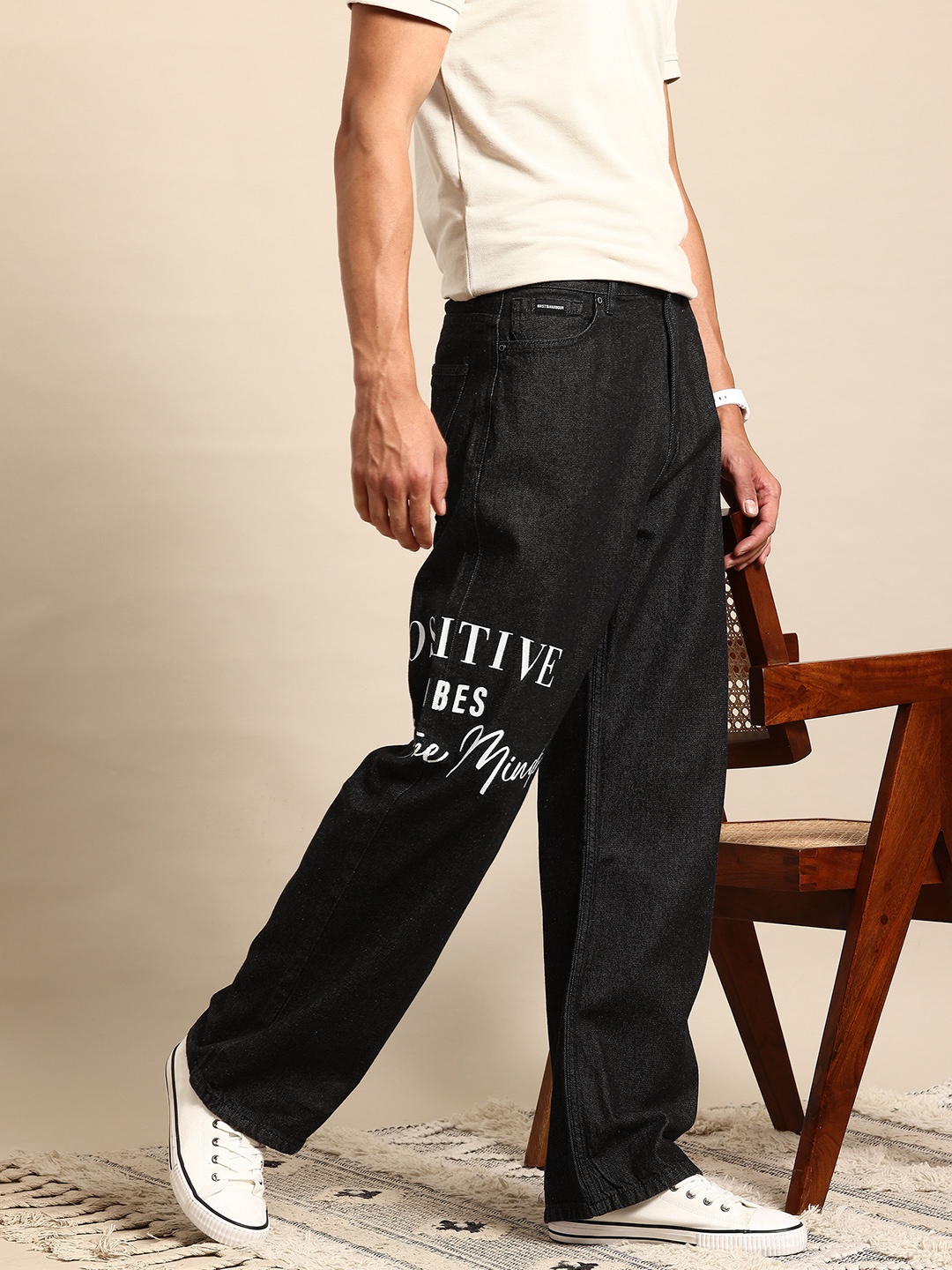 

Mast & Harbour Men Pure Cotton Wide Leg Printed Jeans, Black