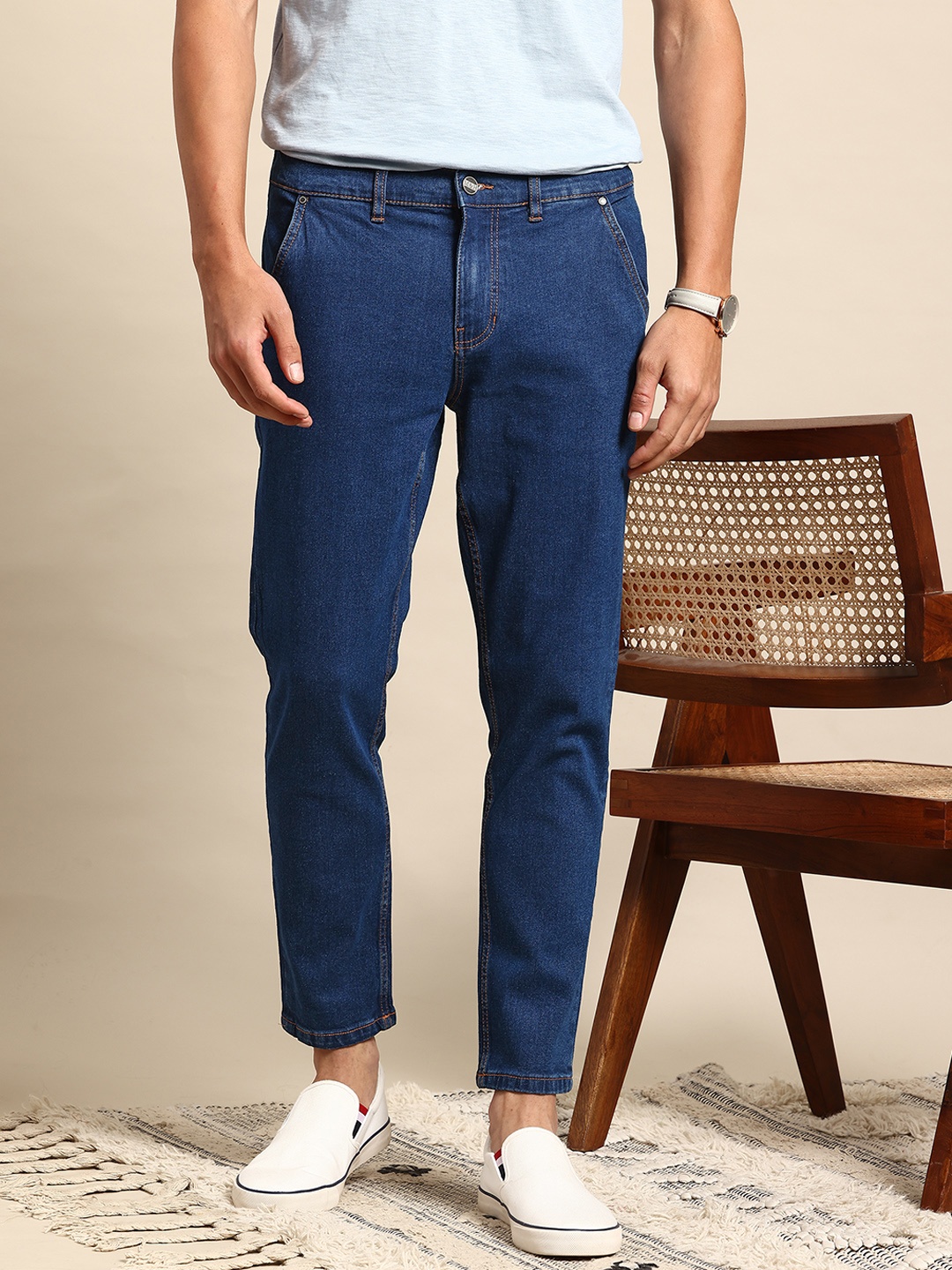 

Mast & Harbour Men Tapered Fit Stretchable Cropped Jeans, Blue