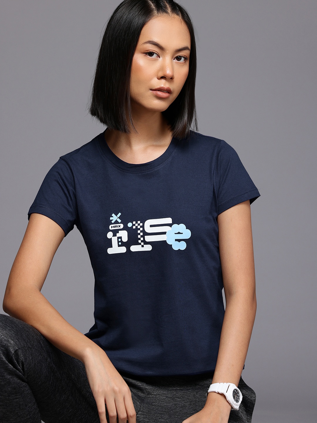 

HRX by Hrithik Roshan Typography Printed Pure Cotton T-shirt, Navy blue