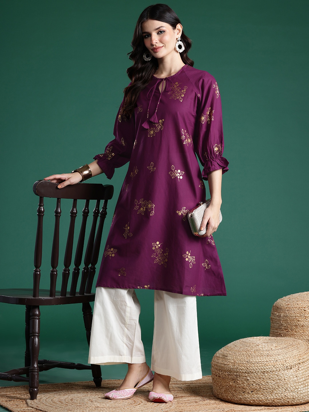 

Sangria Floral Print Cotton Tie-Up Neck A-Line Kurta, Magenta