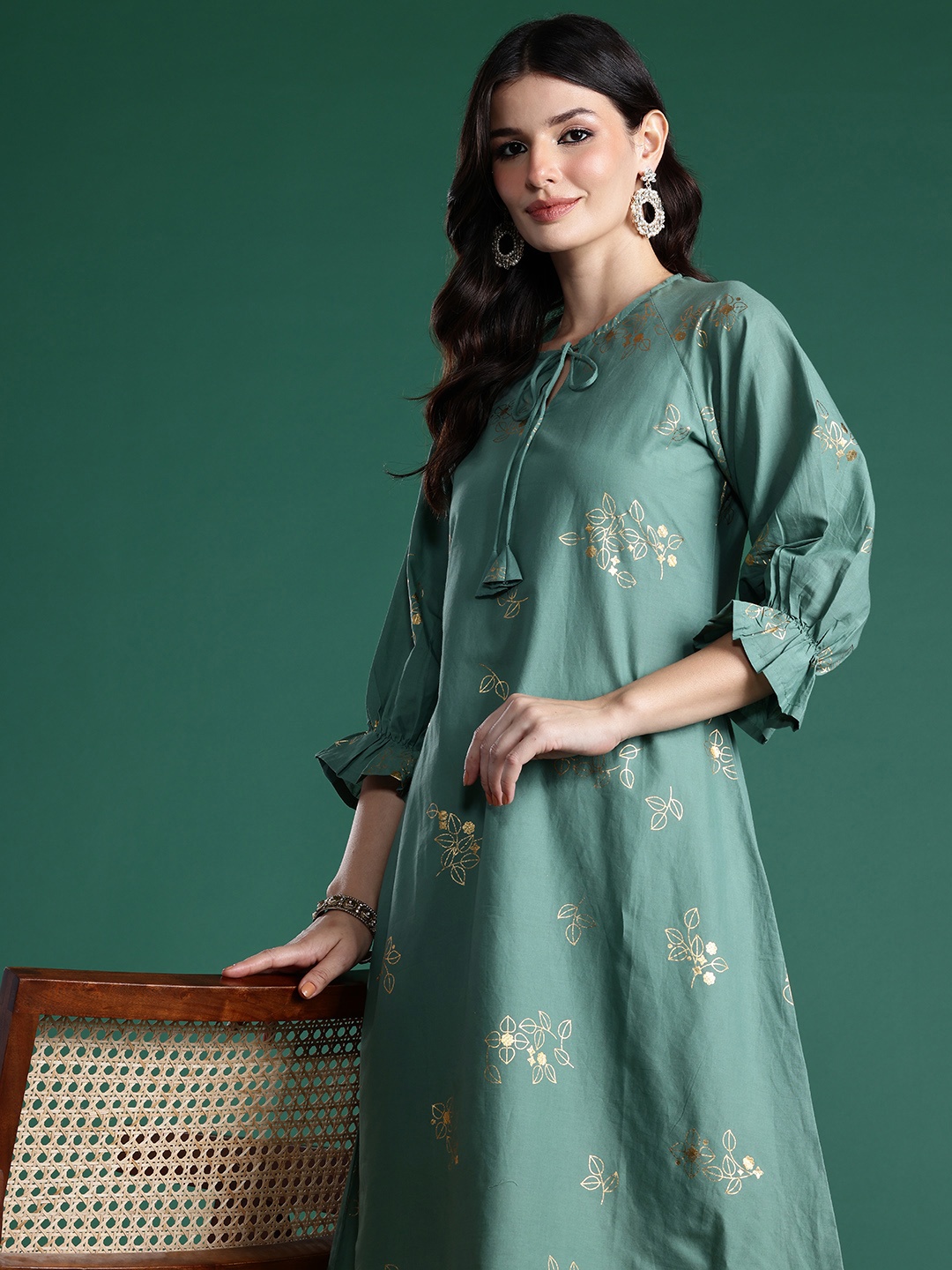 Sangria Floral Print Pure Cotton Tie-Up Neck A-Line Kurta, Green