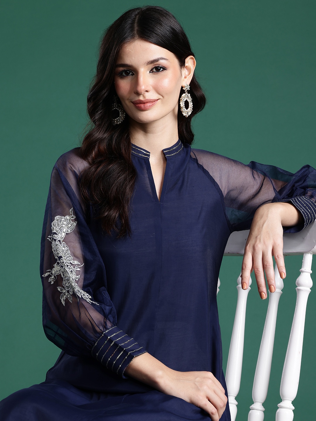

Sangria Sequinned Neckline A-Line Kurta, Navy blue