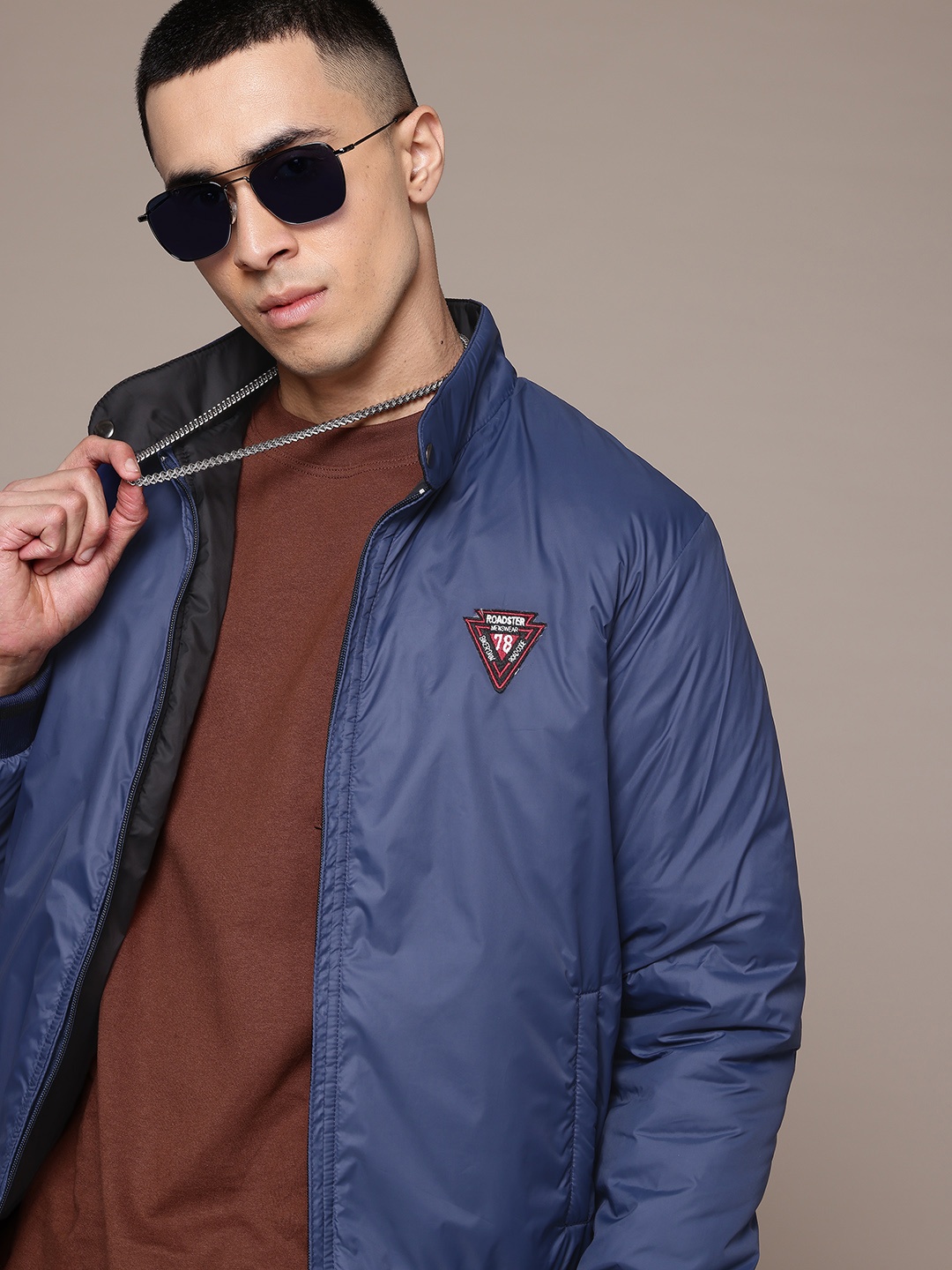 

The Roadster Lifestyle Co. Patchwork Detail Reversible Bomber Jacket, Blue