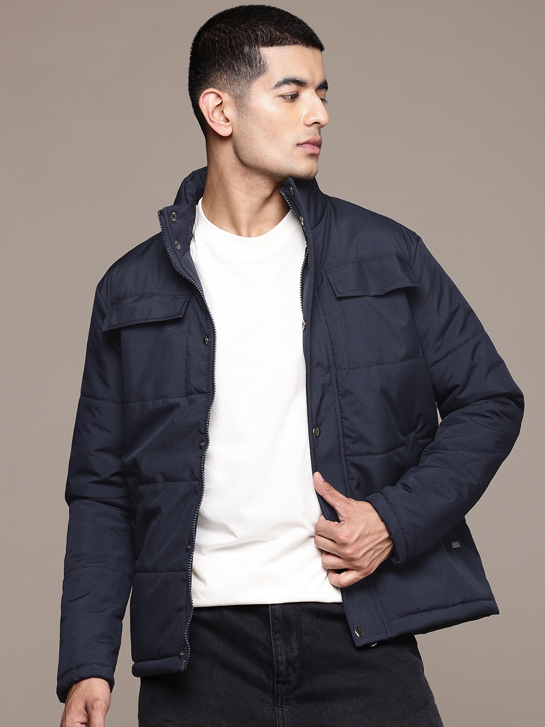 

The Roadster Lifestyle Co. Solid Mock Collar Padded Jacket, Navy blue