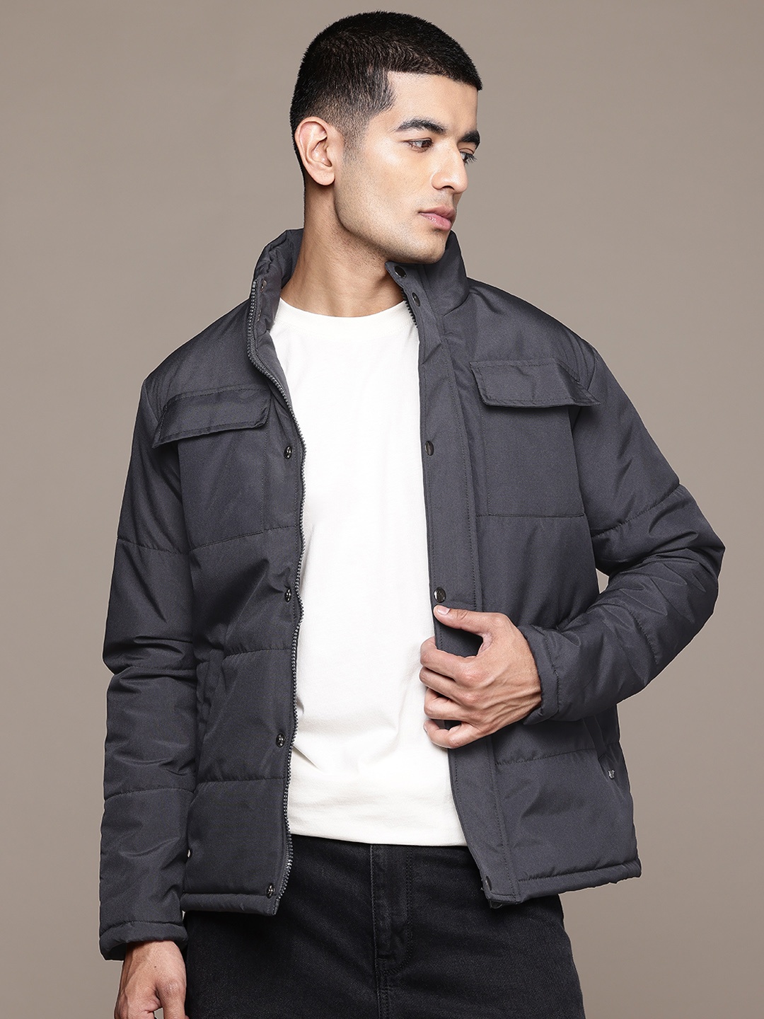 

The Roadster Lifestyle Co. Solid Mock Collar Padded Jacket, Charcoal