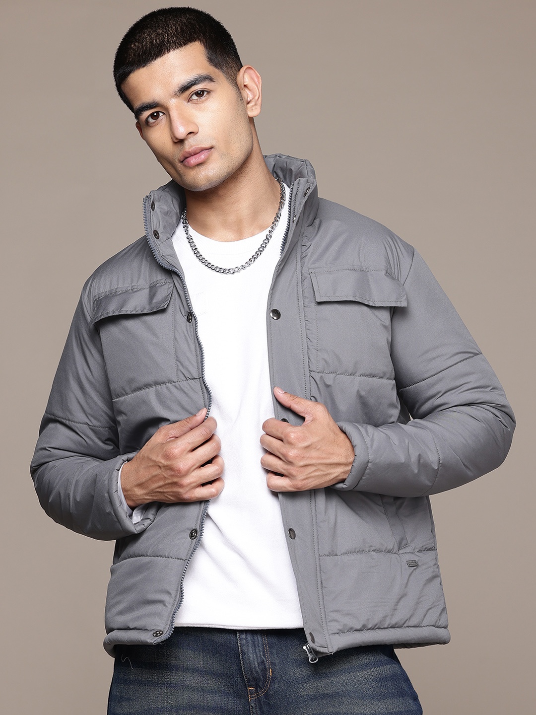 

The Roadster Lifestyle Co. Solid Mock Collar Padded Jacket, Grey