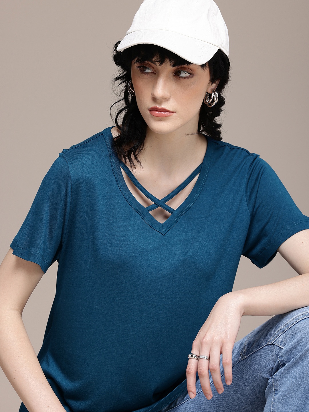 

The Roadster Life Co. V-Neck With Criss-Cross Detailed Casual Top, Teal