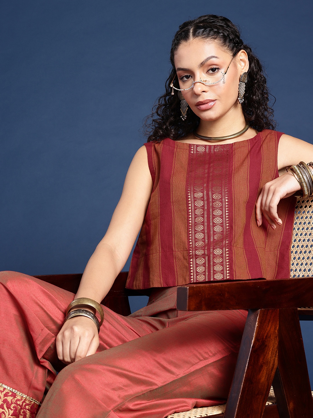 

Taavi Woven Festive Striped with Ethnic Motifs Detailing Pure Cotton Top, Maroon