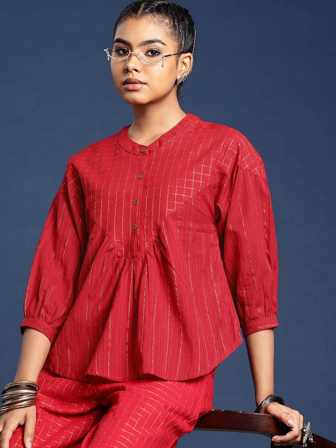 

Taavi Woven Festive Checked Gathered A-Line Top, Red