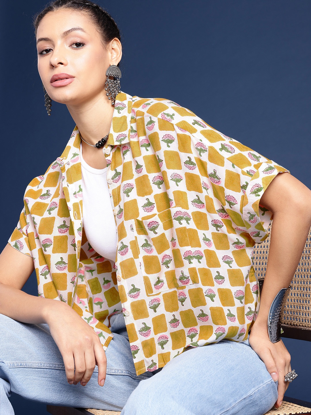 

Taavi Boxy Floral Printed Sanganeri Folk Shirt, Mustard