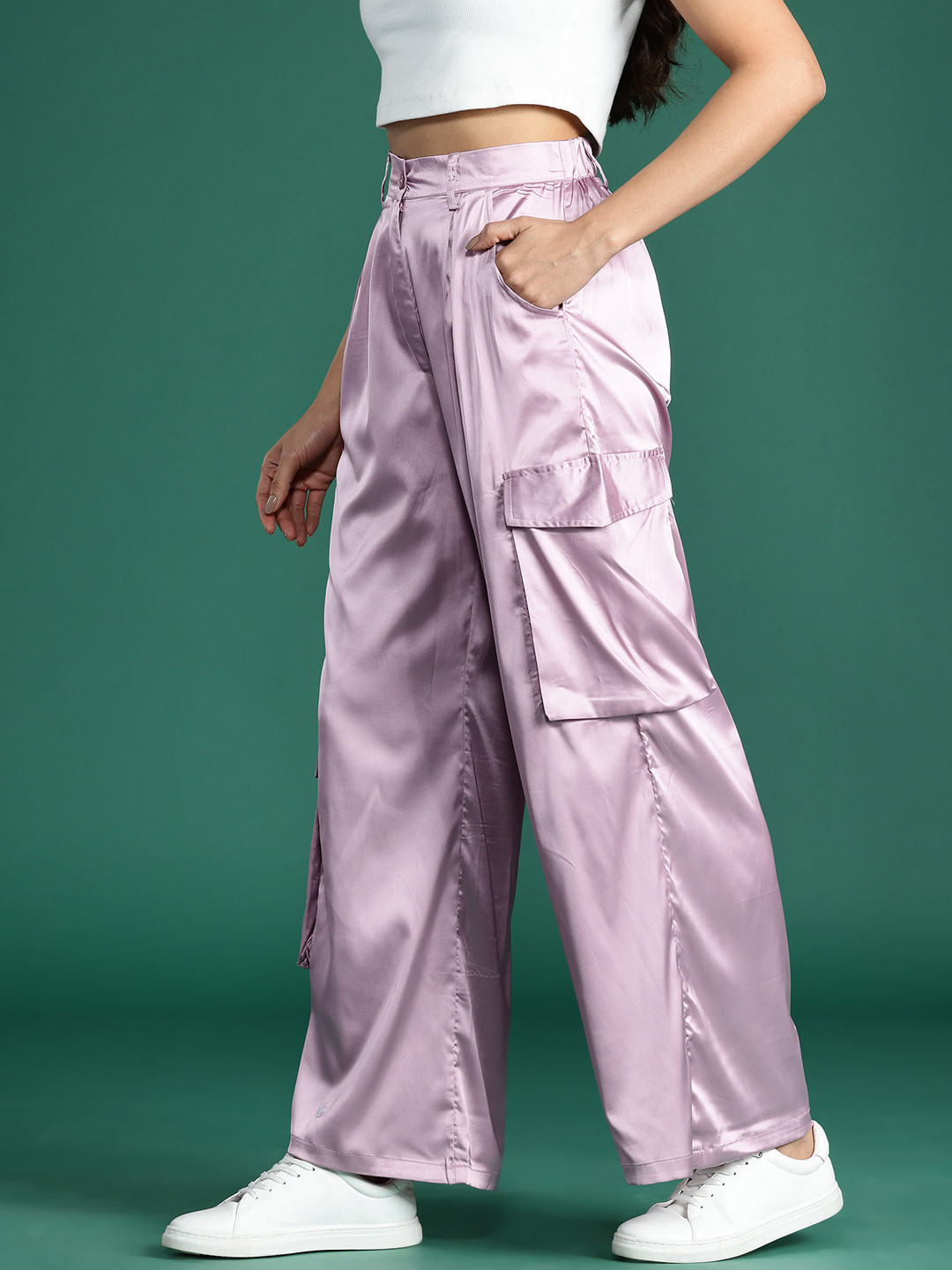 

DressBerry Women Satin Finish Cargo Style Pleated Trousers, Rose