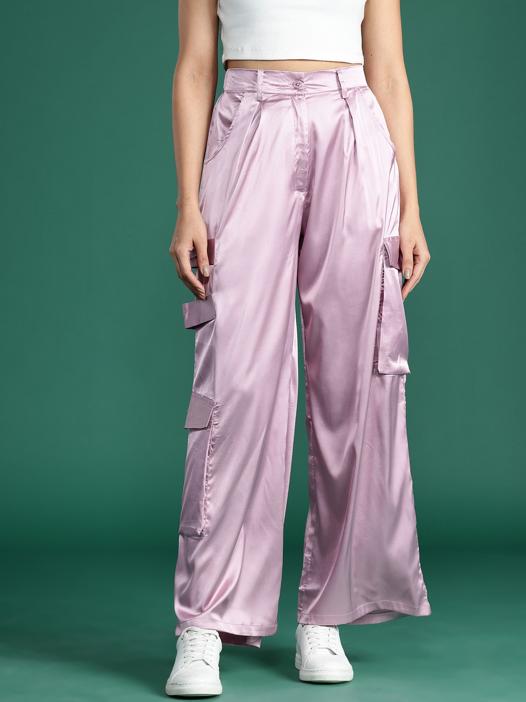 

DressBerry Women Satin Finish Cargo Style Pleated Trousers, Rose