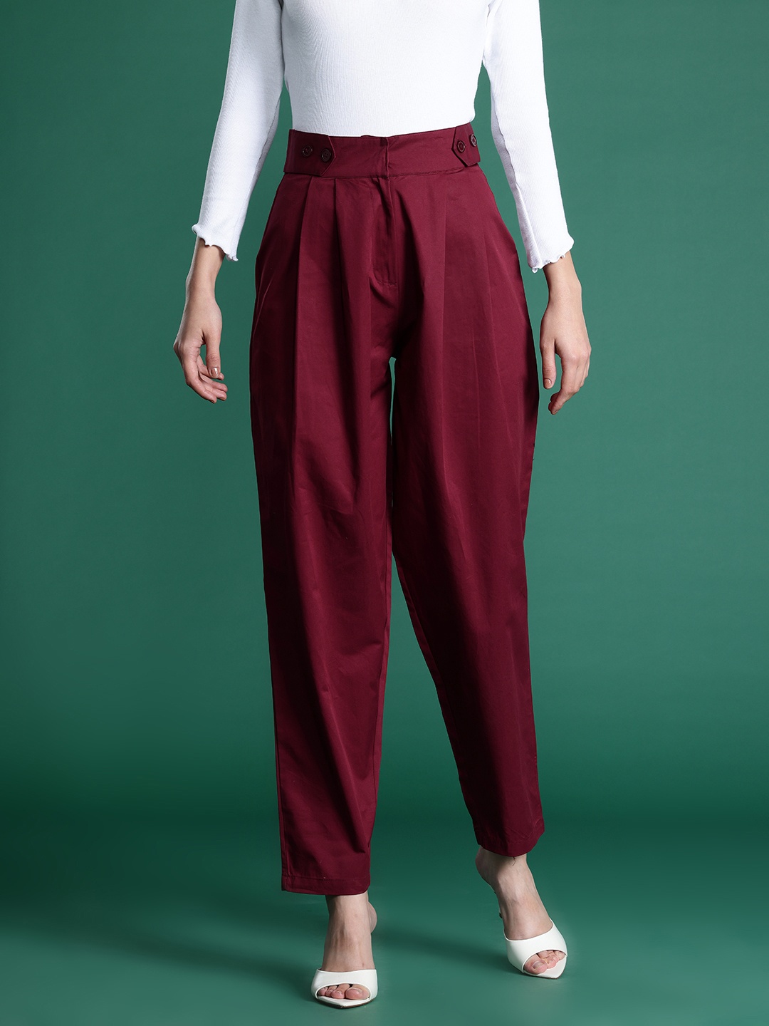 

DressBerry Bizwear Women Pure Cotton High-Rise Pleated Trousers, Maroon