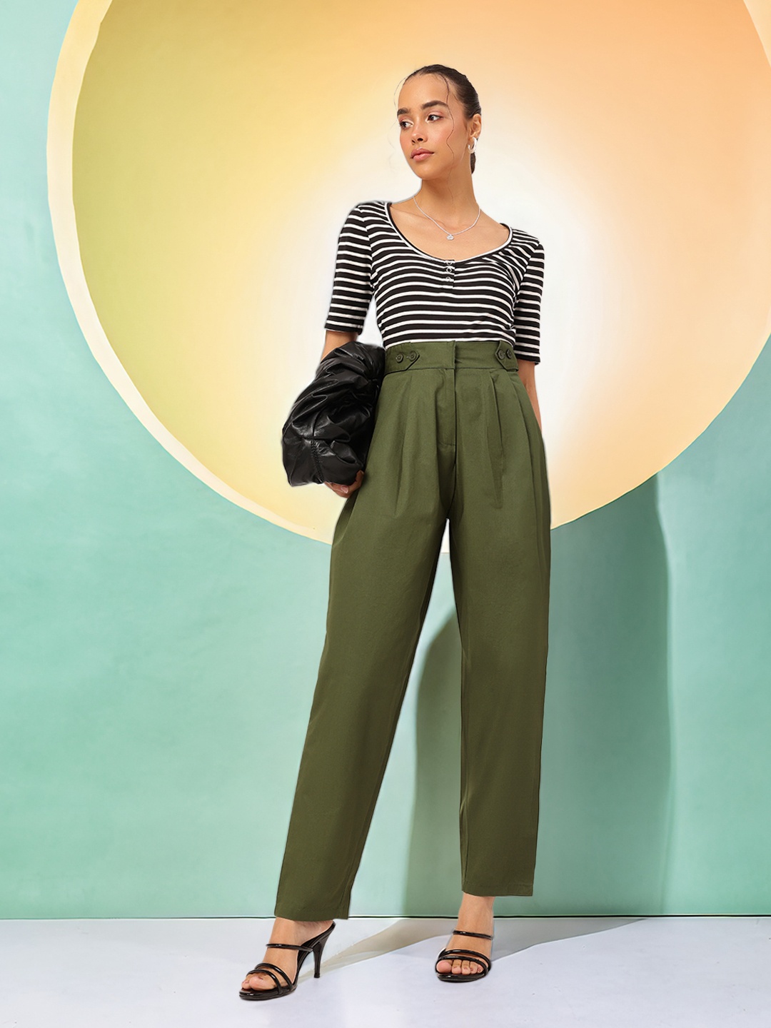 

DressBerry Women High-Rise Pleated Pure Cotton Trousers, Olive