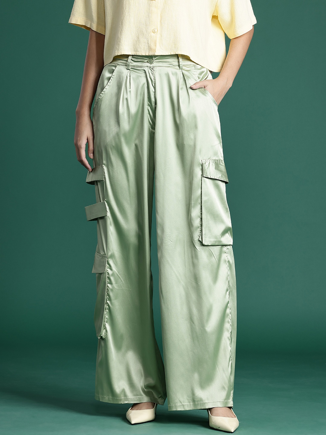 

DressBerry Glam Women Satin Cargo Style Trousers, Green