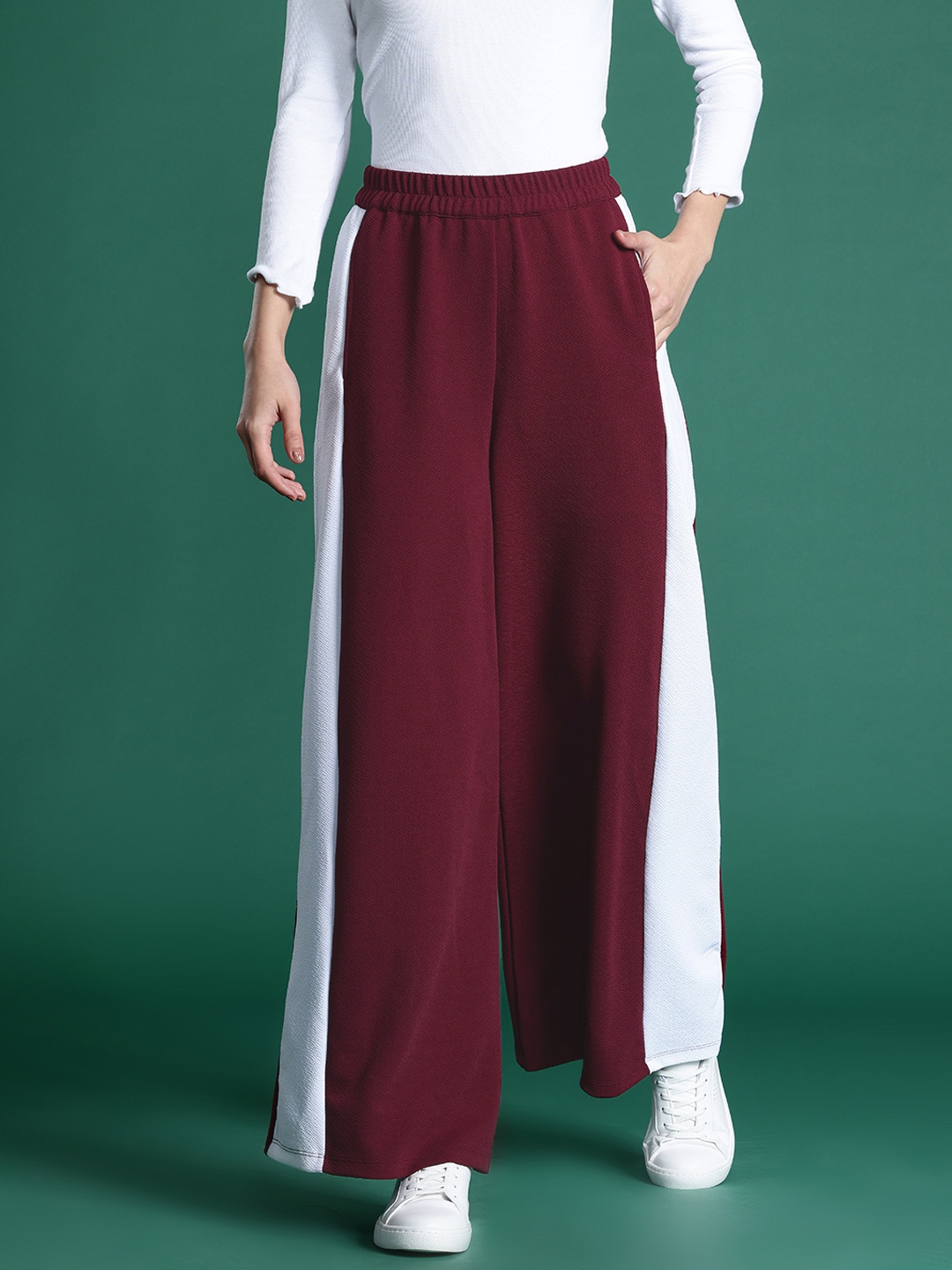 

DressBerry Colourblocked High-Rise Wide Leg Trousers, Maroon