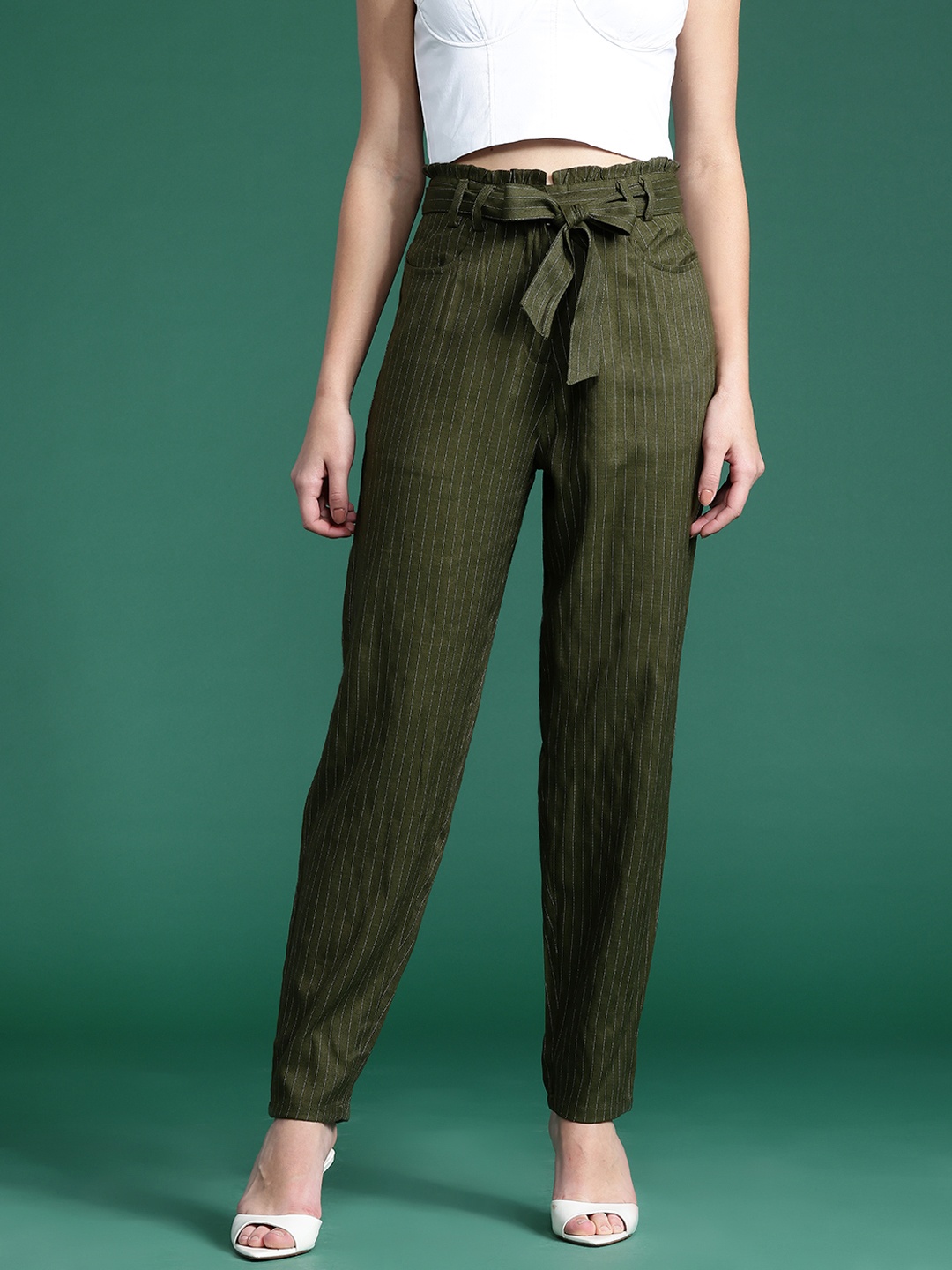 

DressBerry Bizwear Women Striped Pure Cotton Trousers, Olive