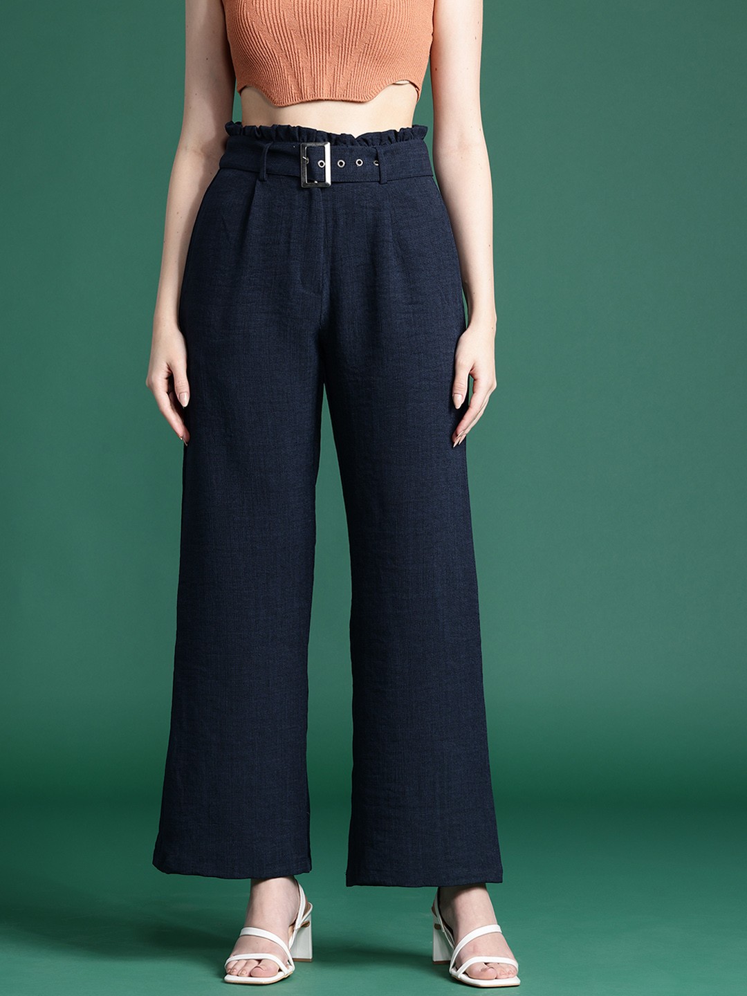 

DressBerry Women Pleated Trousers with Belted, Navy blue