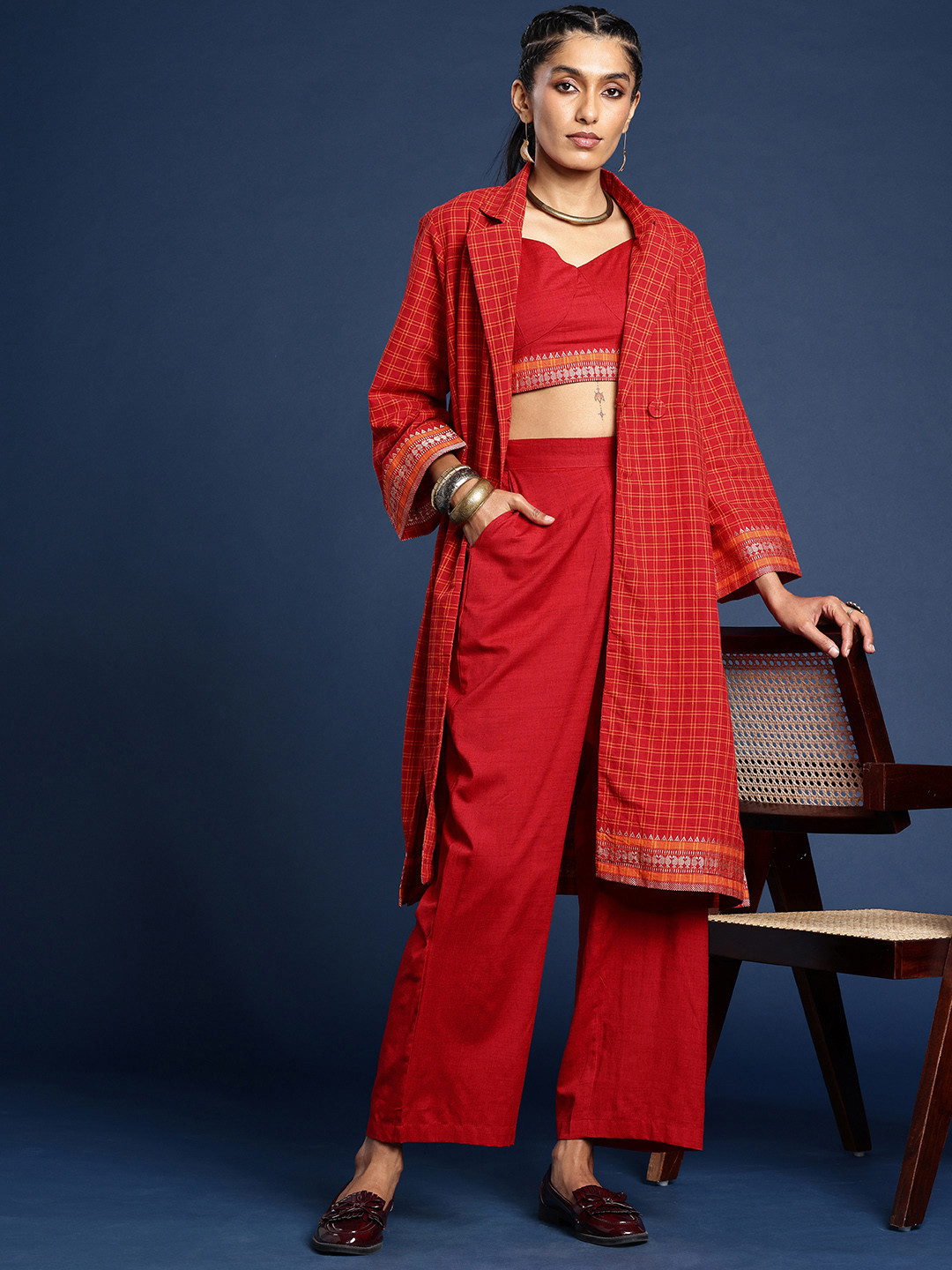 

Taavi Woven Festive Shoulder Straps Crop Top With Trousers & Jacket Co-Ords, Red