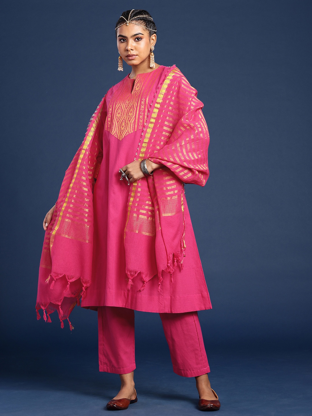 

Taavi Pure Cotton Yoke Design Woven Legacy Kurta With Trousers & Dupatta, Pink