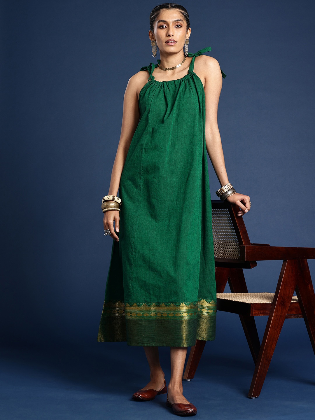 

Taavi Shoulder Straps Pure Cotton Woven Legacy A-Line Ethnic Dress, Green