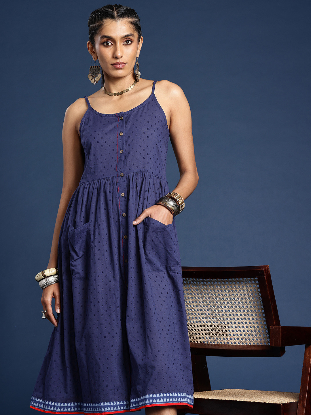 

Taavi Self Designed Shoulder Straps Pure Cotton A-Line Block Print Legacy Ethnic Dress, Navy blue