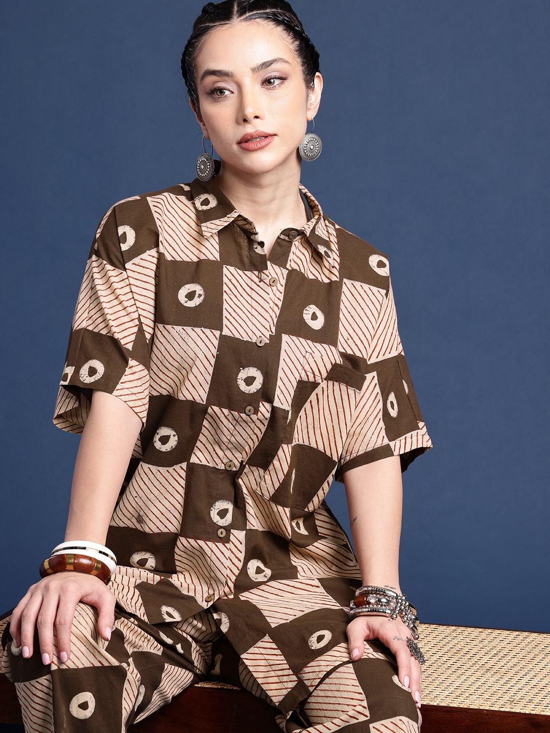 

Taavi Pure Cotton Block Print Legacy Shirt Style Kurti With Trousers, Brown