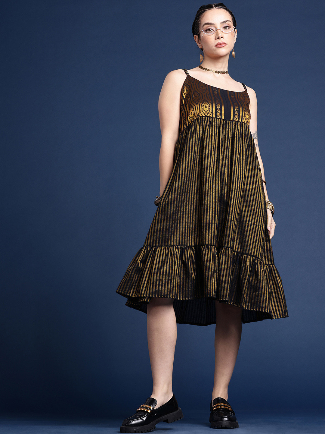 

Taavi Striped Shoulder Straps Woven Legacy Ethnic Dresses, Black
