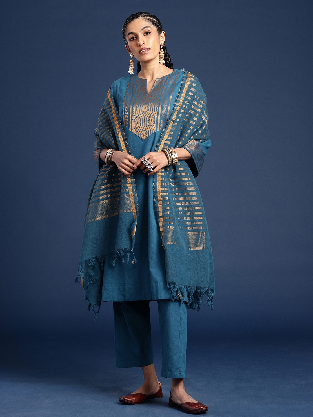 

Taavi Pure Cotton Yoke Design Woven Legacy Kurta With Trousers & Dupatta, Blue