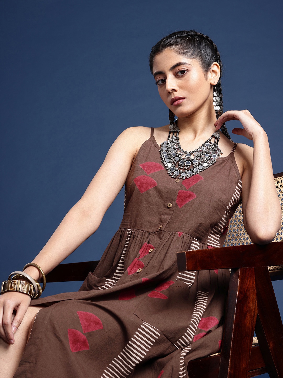 

Taavi Block Print Legacy Geometric Printed Pure Cotton Ethnic Dress, Brown