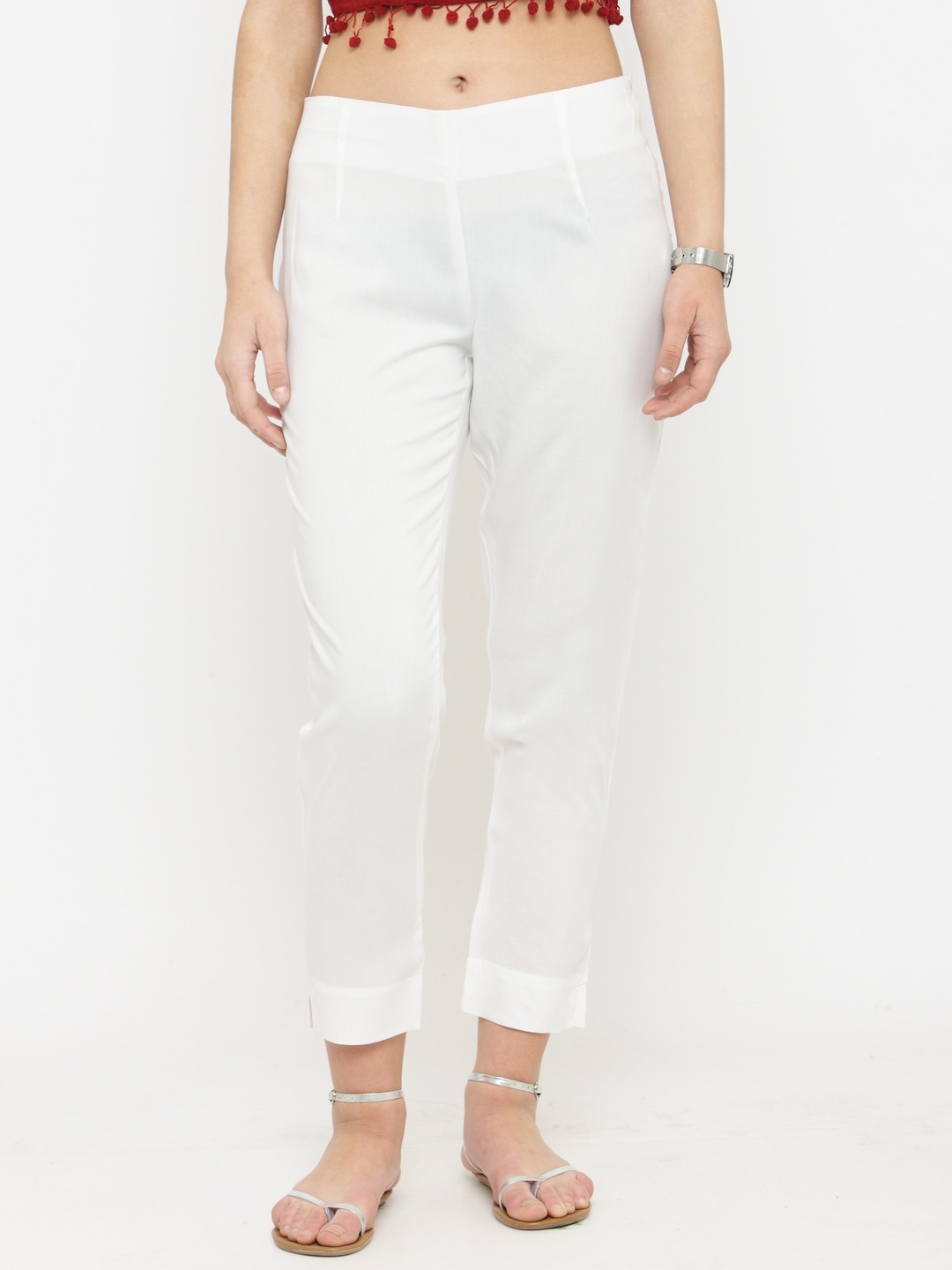 

Varanga Women White Straight Fit Solid Regular Trousers