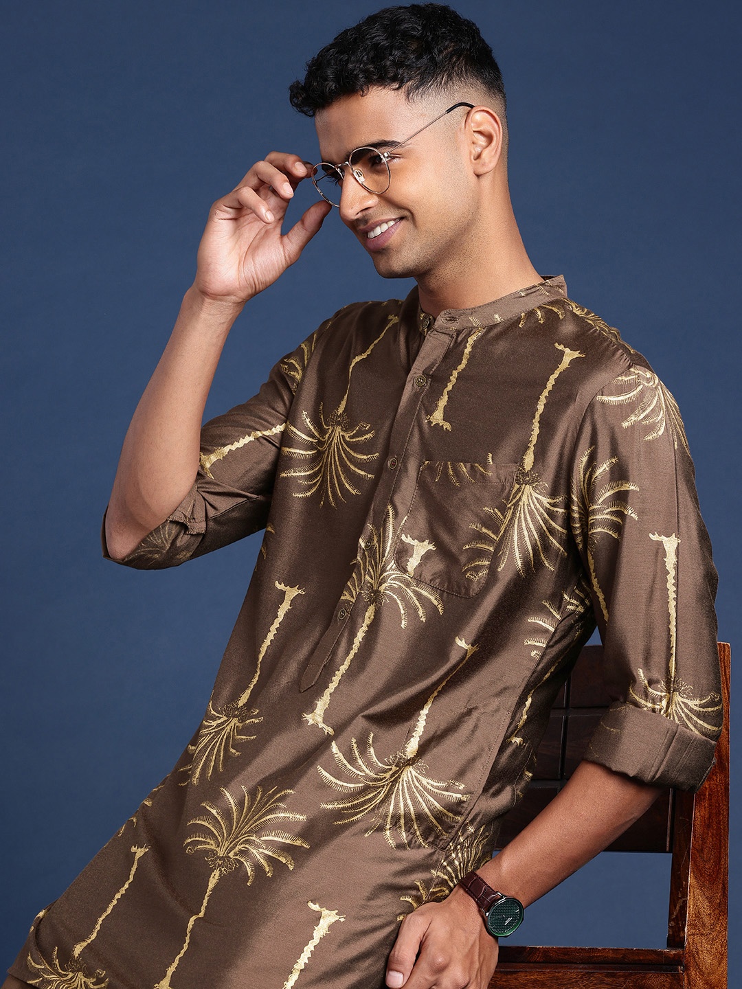 

Taavi Tropical Printed Band Collar Festive Kurta with Trousers, Brown