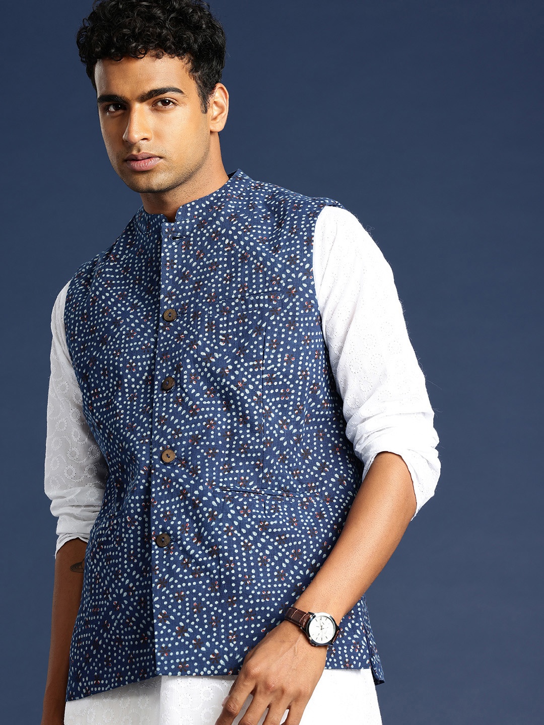 

Taavi Floral Printed Mandarin Collar Pure Cotton Block Print Legacy Nehru Jackets, Blue