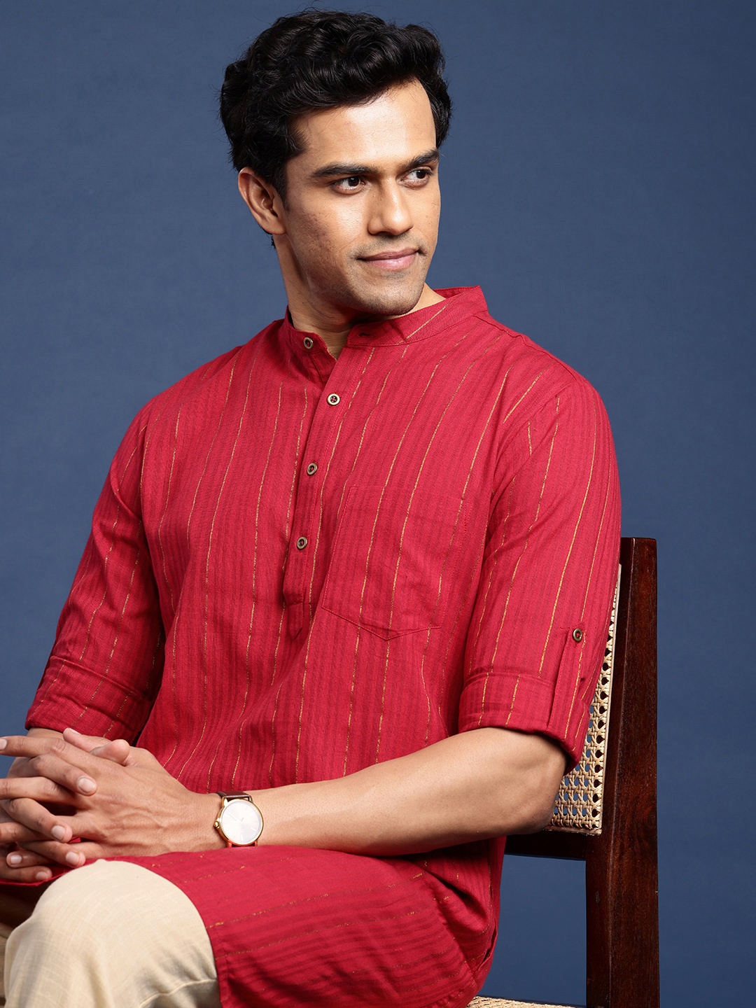 

Taavi Striped Band Collar Roll-Up Sleeves Woven Festive Kurta with Trousers, Red