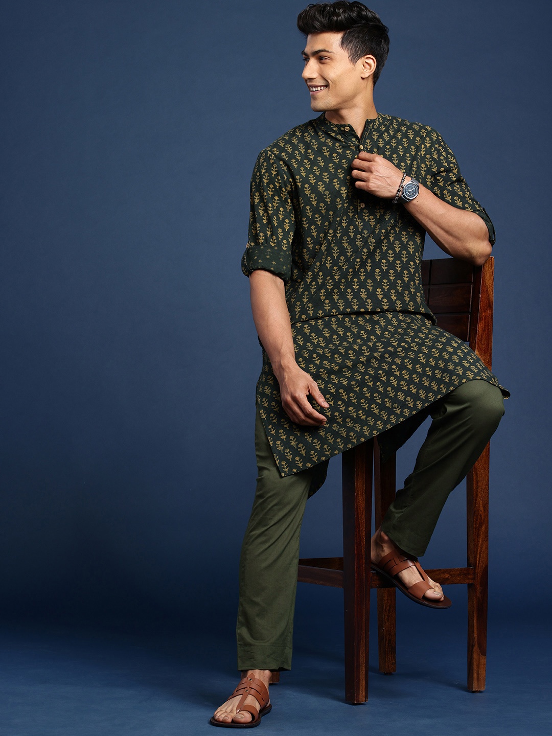 

Taavi Pure Cotton Block Print Legacy Kurta With Trousers, Green