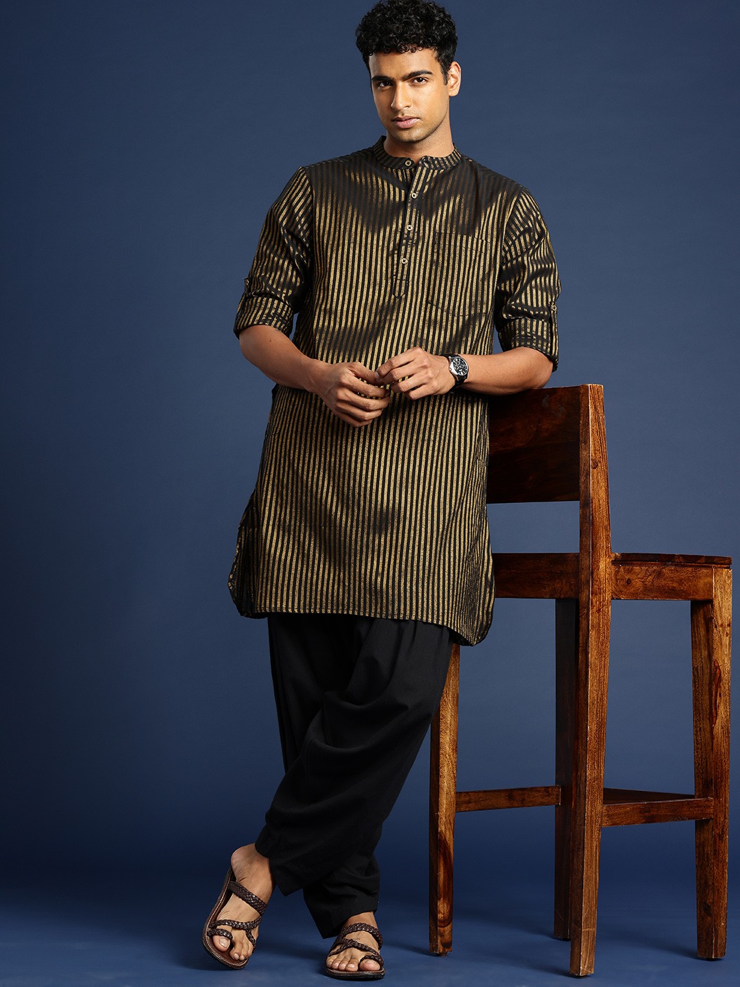 

Taavi Striped Regular Woven Legacy Kurta with Patiala, Black