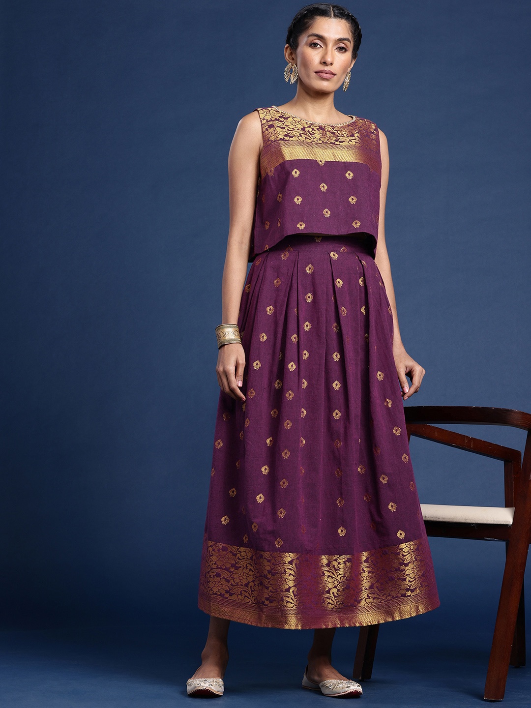 

Taavi Women Ethnic Motifs Printed Pleated A-Line Woven Legacy Skirt, Purple