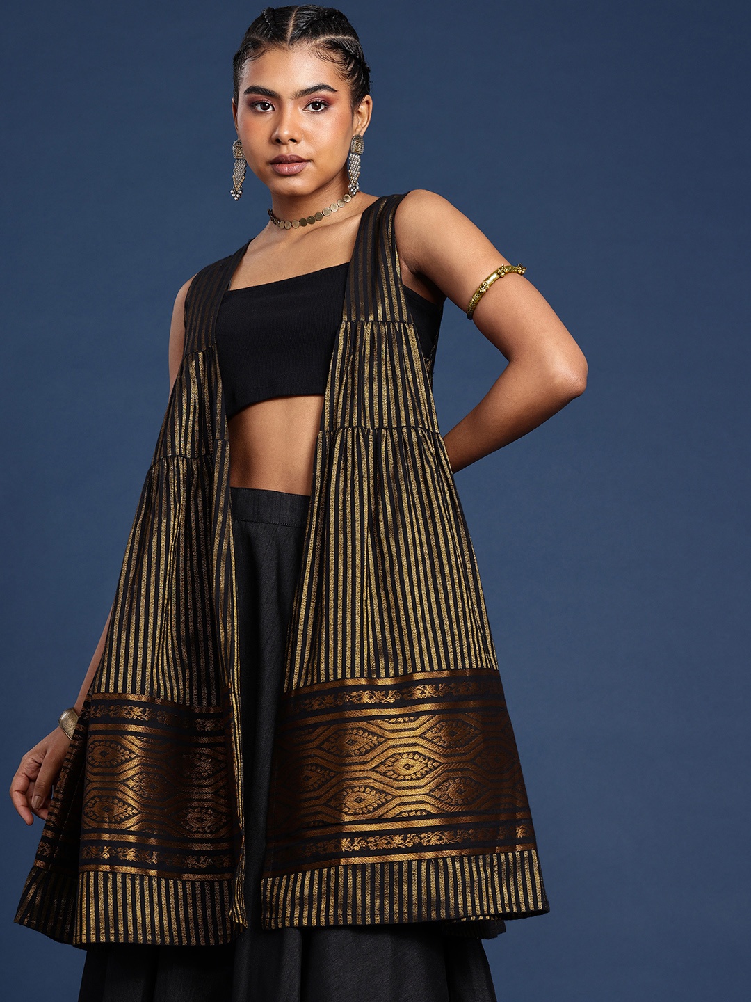 

Taavi Woven Legacy Striped Open Front Longline Shrug, Black