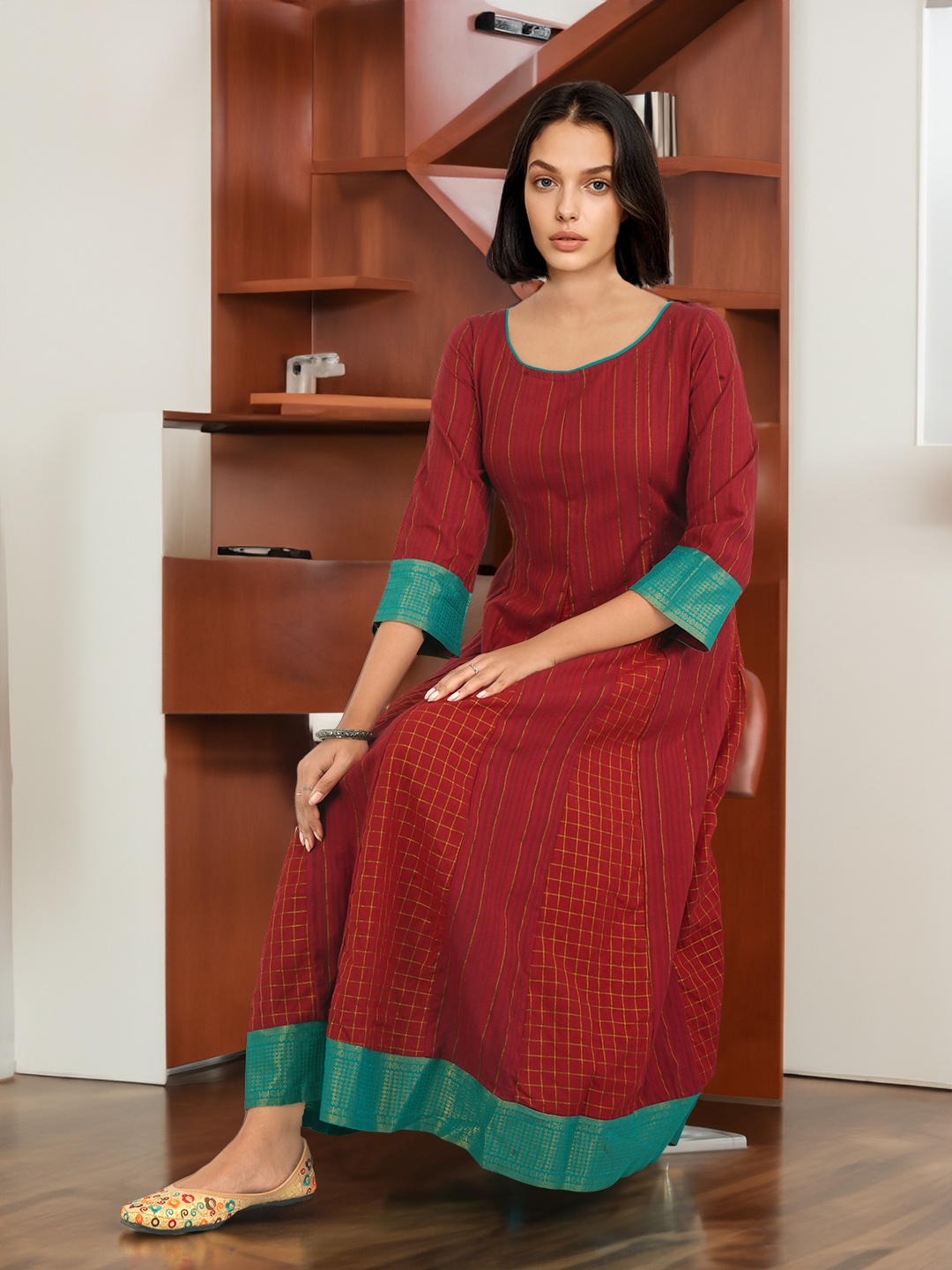 

Taavi Woven Festive Checked A-Line Kurta, Red
