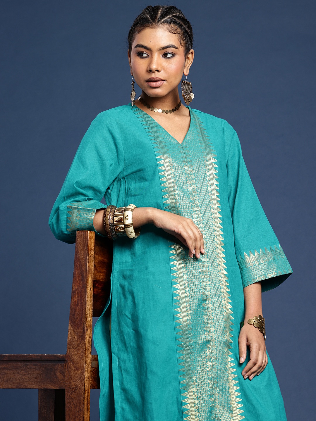 

Taavi Zari Ethnic Motifs Straight V-Neck Woven Festive Kurta, Blue