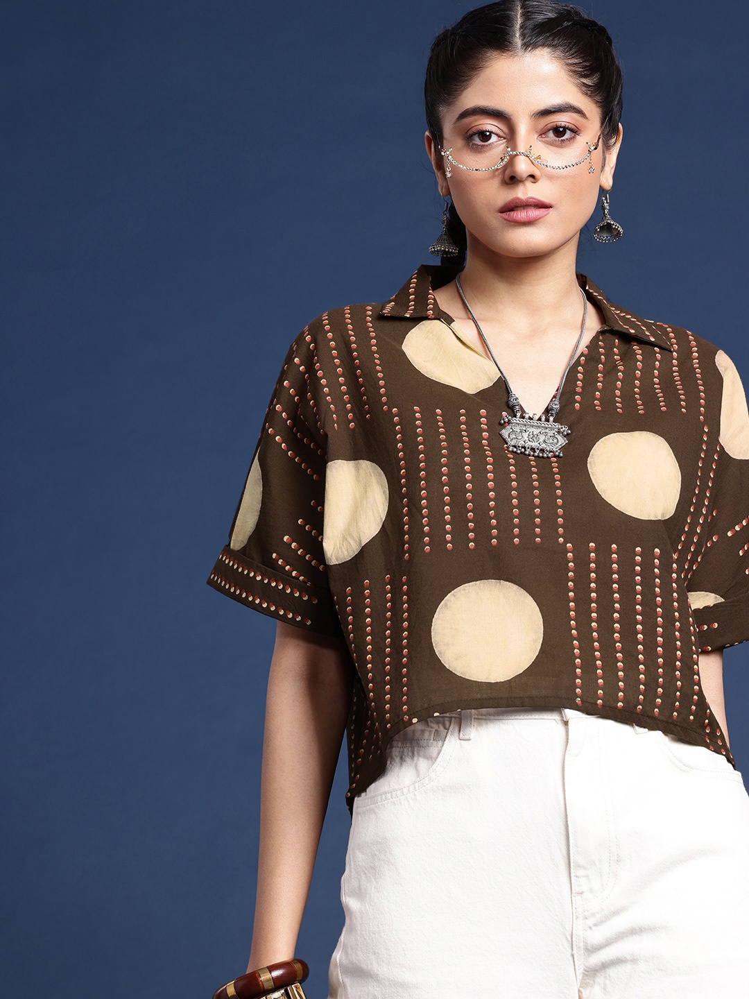 

Taavi Block Print Legacy Geometric Print Pure Cotton Shirt Style Top, Brown