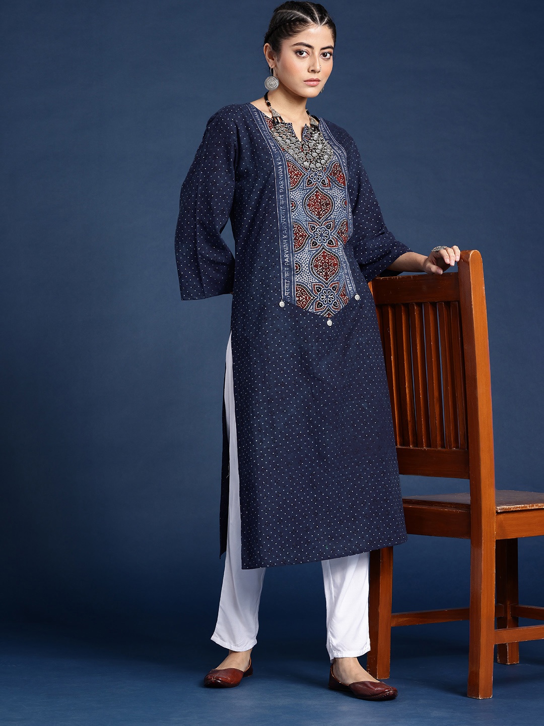 

Taavi Ajrakh Ethnic Motifs Printed Yoke Design Pure Cotton Kurta, Navy blue