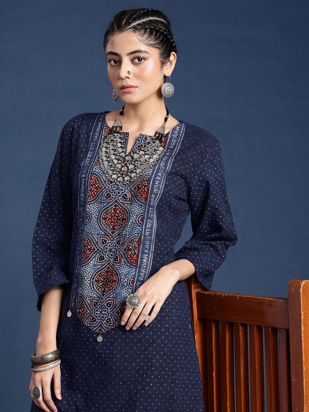 

Taavi Ajrakh Ethnic Motifs Printed Yoke Design Pure Cotton Kurta, Navy blue